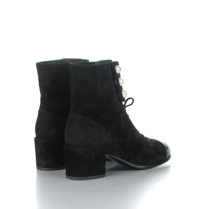 Chanel Suede Patent Calfskin Pearl Cap Toe Short Boots 36 Black 4 of 7