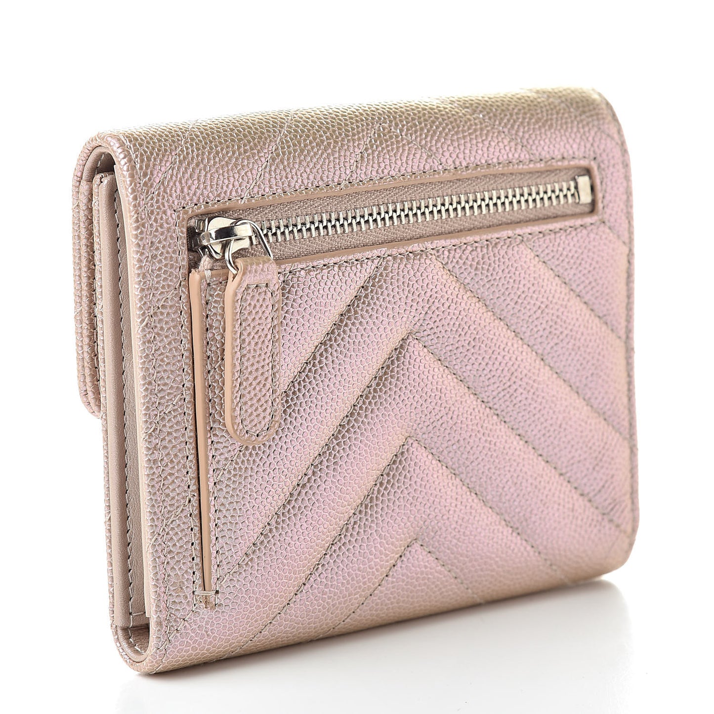 Metallic Caviar Chevron Quilted Compact Flap Wallet Light Gold