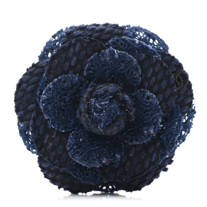 Chanel Tweed Camellia Pin Brooch Navy Blue 1 of 6