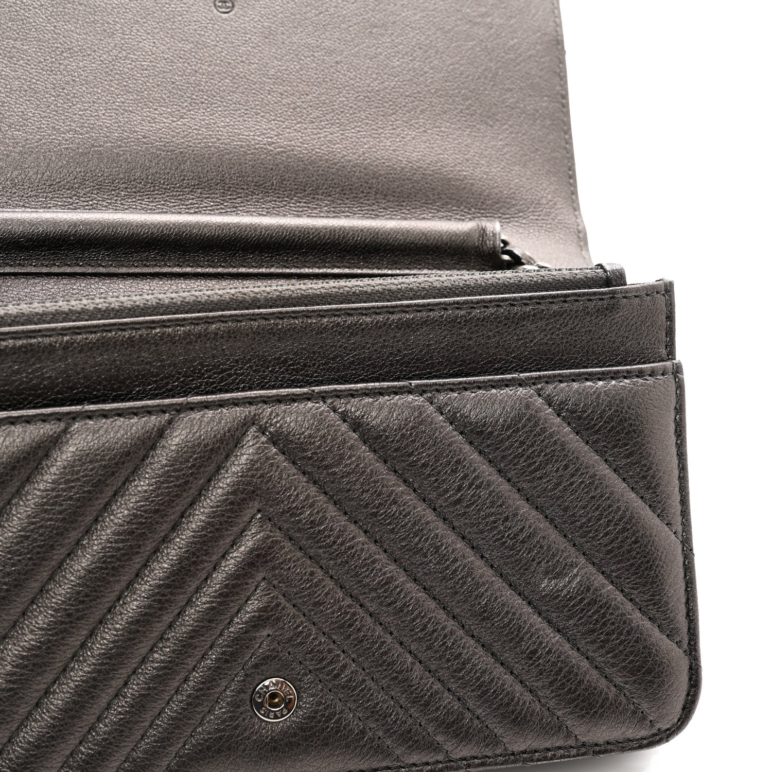 Chanel Metallic Lambskin Chevron Quilted Wallet On Chain WOC Grey 12 of 13