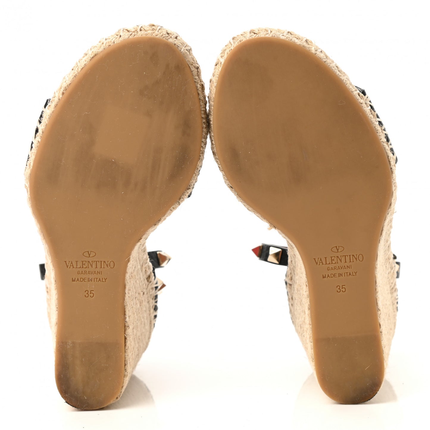 Grained Calfskin Rockstud Ankle Strap Espadrille 15/105mm Wedge Sandals 35 Black Light Cuir Natural