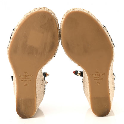 Valentino Garavani Grained Calfskin Rockstud Ankle Strap Espadrille 15/105mm Wedge Sandals 35 Black Light Cuir Natural 5 of 9