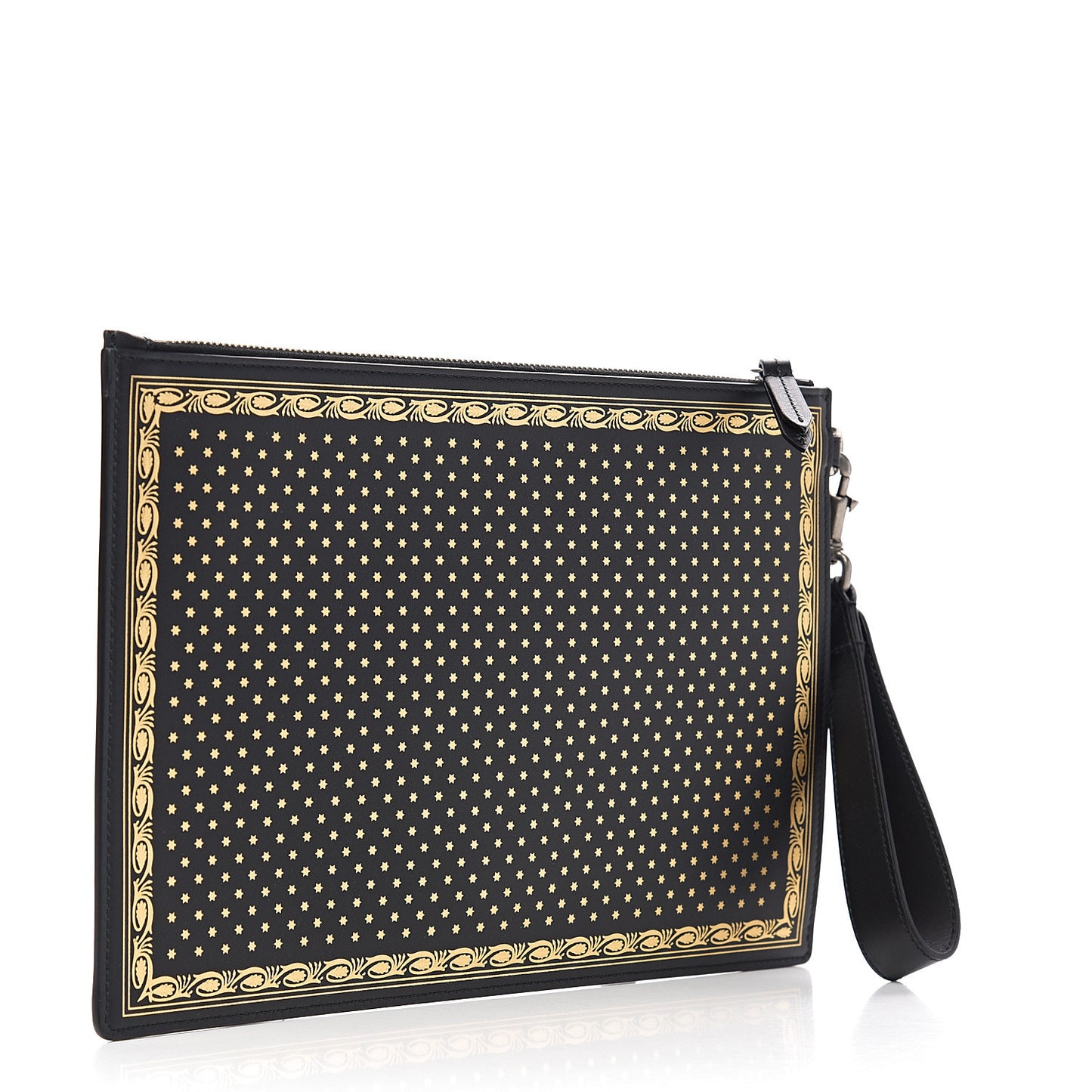 X SEGA Calfskin GUCCY Stars Zip Wristlet Pouch Black Gold