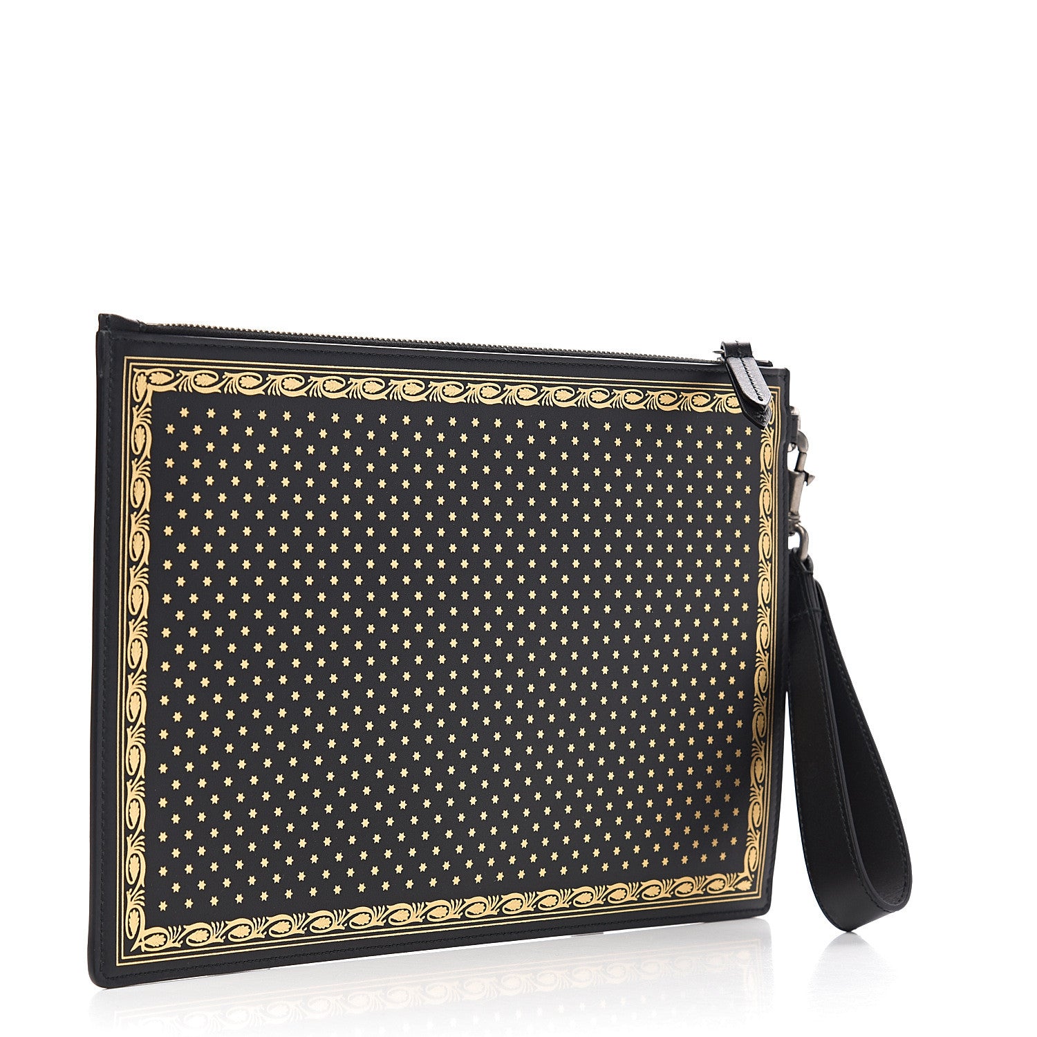 Gucci X SEGA Calfskin GUCCY Stars Zip Wristlet Pouch Black Gold 2 of 6
