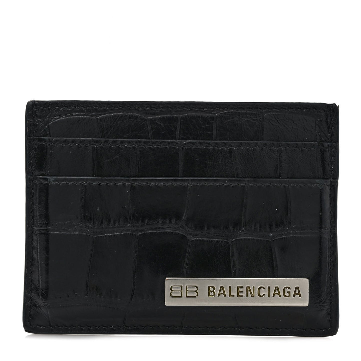 Shiny Calfskin Crocodile Embossed Logo Plate Card Case Black