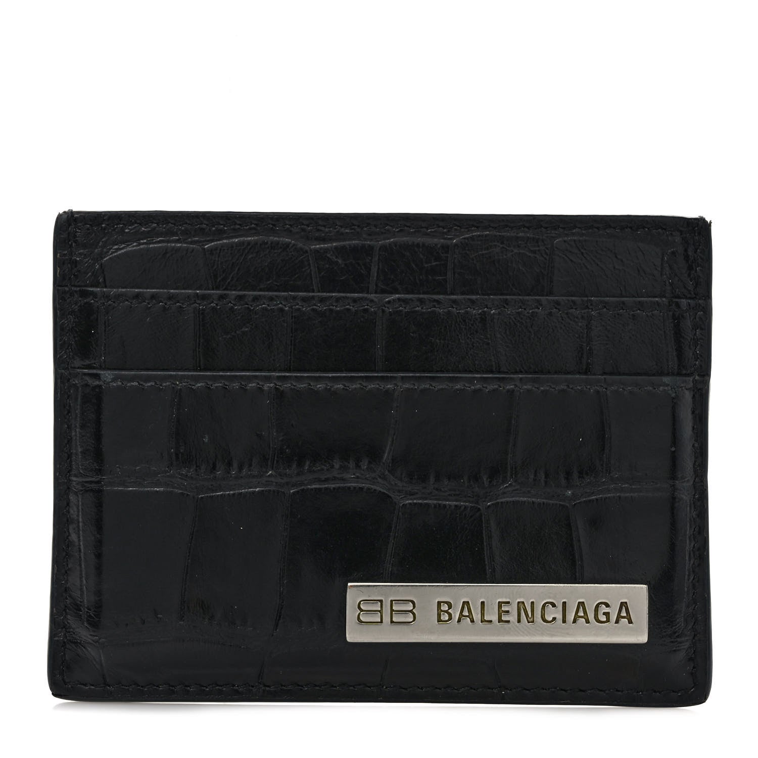 Balenciaga Shiny Calfskin Crocodile Embossed Logo Plate Card Case Black 1 of 7