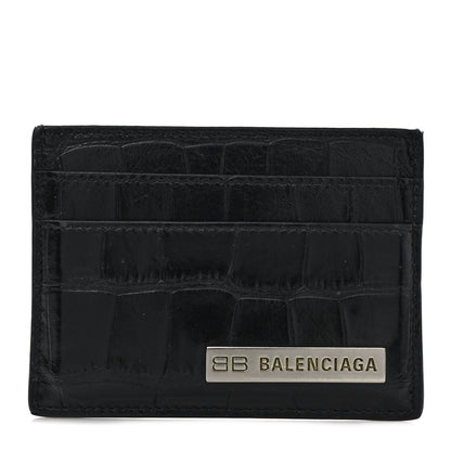 Balenciaga Shiny Calfskin Crocodile Embossed Logo Plate Card Case Black 1 of 7