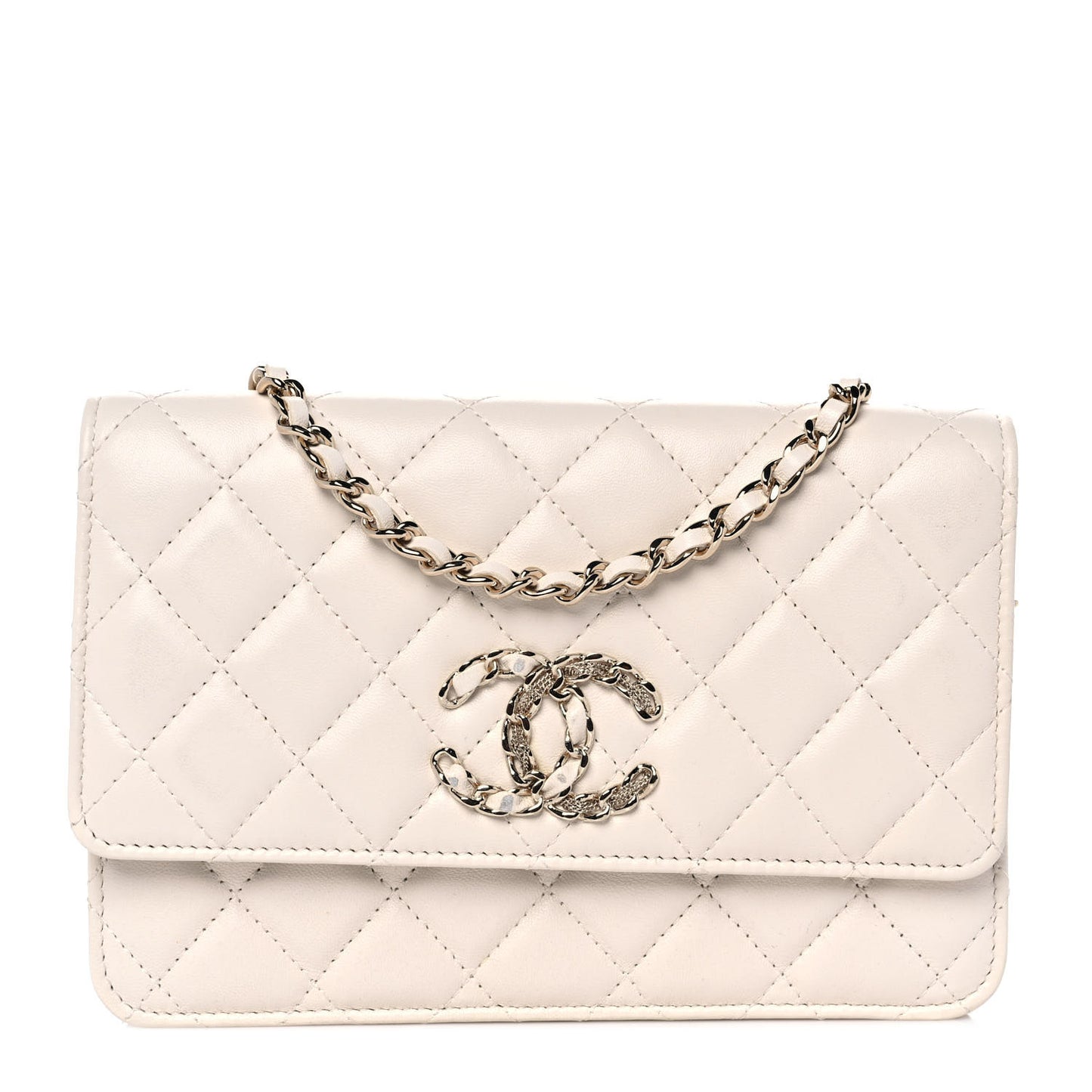 Goatskin Quilted French New Wave Chain CC Wallet On Chain WOC Ivory