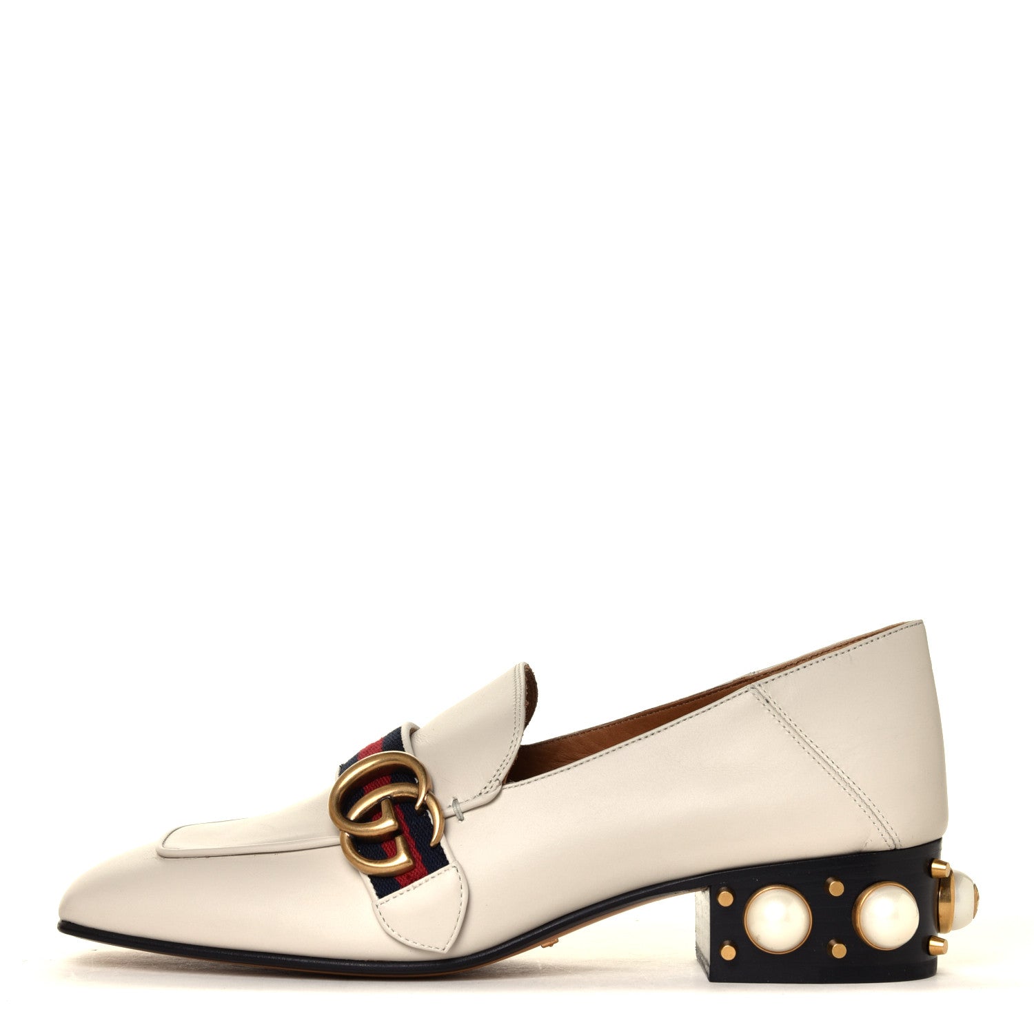 Gucci Betis Glamour Calfskin Web Pearl Embellished Peyton 35mm Loafer Pumps 38.5 Mystic White 2 of 12