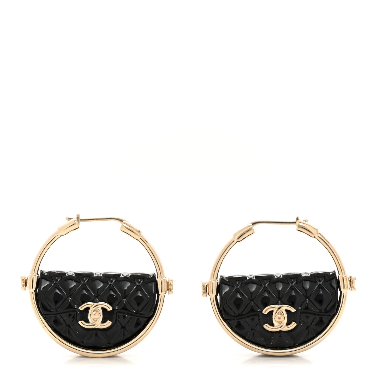 Metal Resin Quilted Flap Bag Hoop Earrings Black Gold