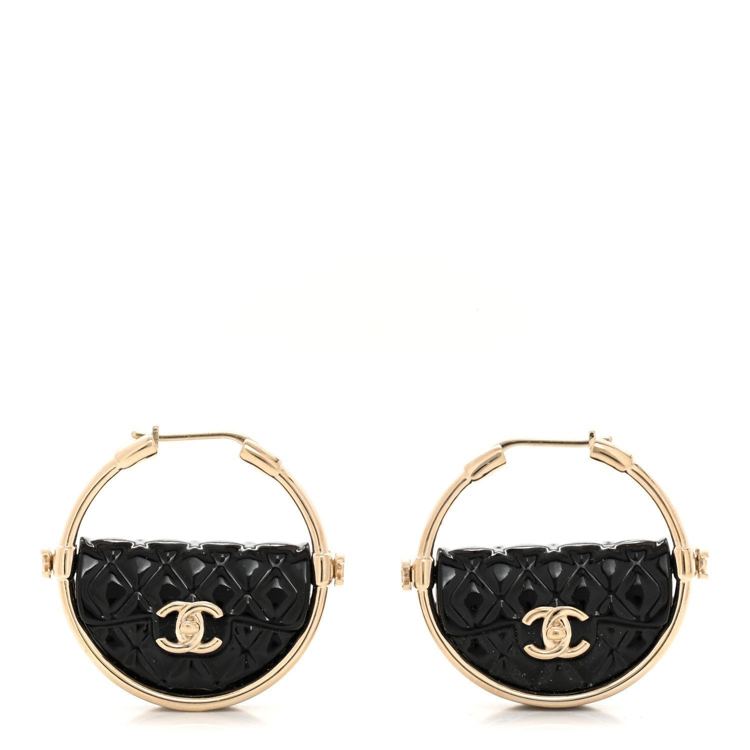 Chanel Metal Resin Quilted Flap Bag Hoop Earrings Black Gold 1 of 5