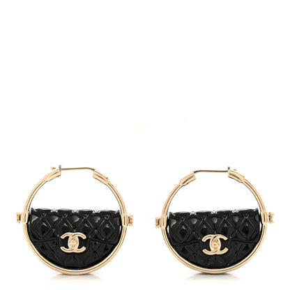 Chanel Metal Resin Quilted Flap Bag Hoop Earrings Black Gold 1 of 5