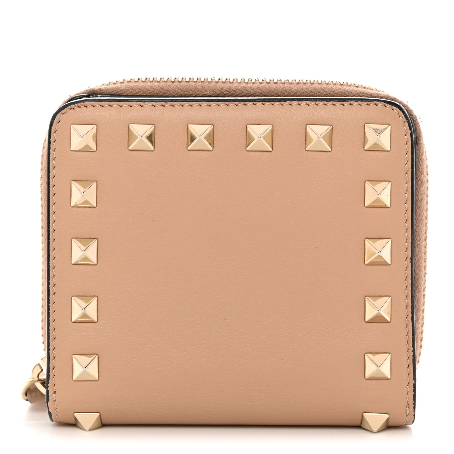 Calfskin Rockstud Compact Zip Around Wallet Camel Rose