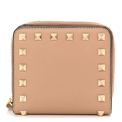 Valentino Garavani Calfskin Rockstud Compact Zip Around Wallet Camel Rose 1 of 8