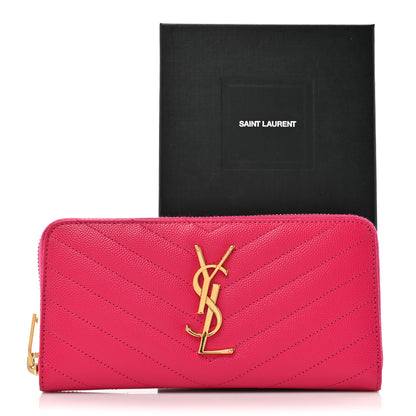 Saint Laurent Grain De Poudre Matelasse Chevron Monogram Zip Around Wallet Fuchsia 11 of 11