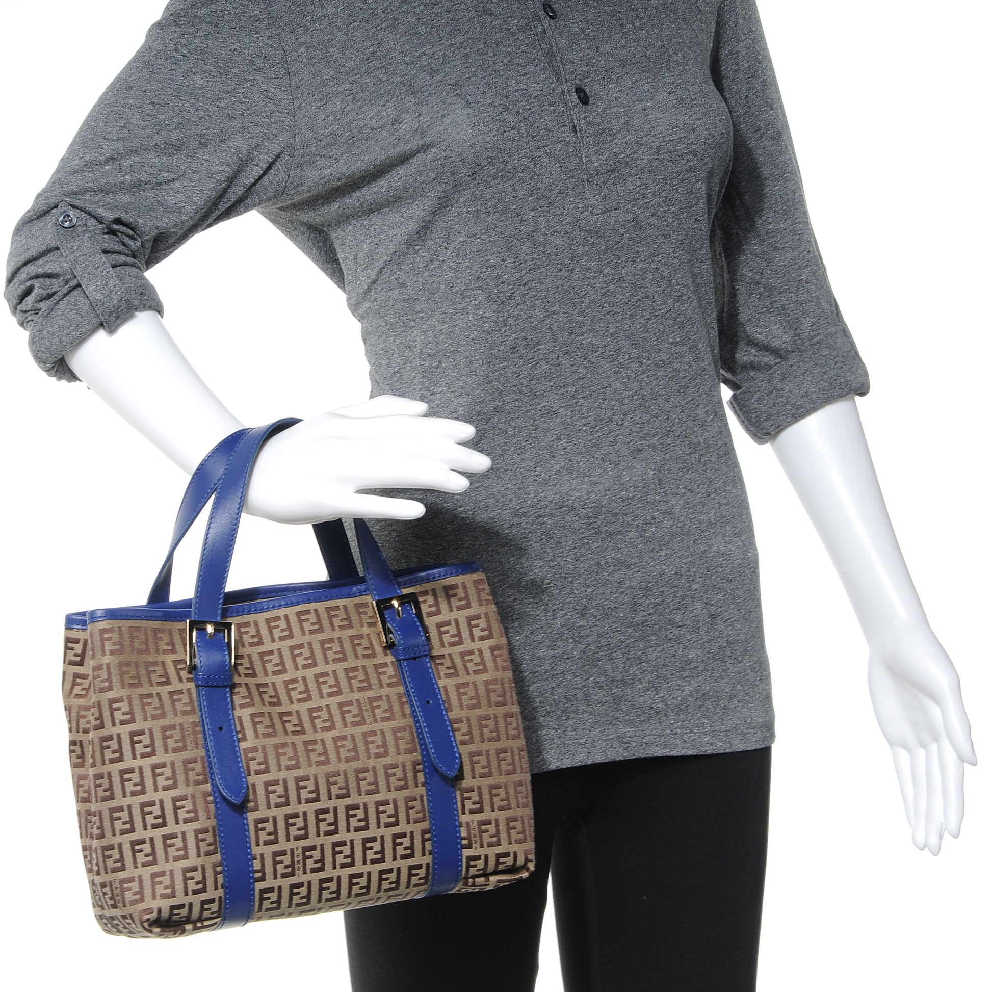 Fendi Zucchino Vitello Small Tote Mogano Panna Blue 2 of 9
