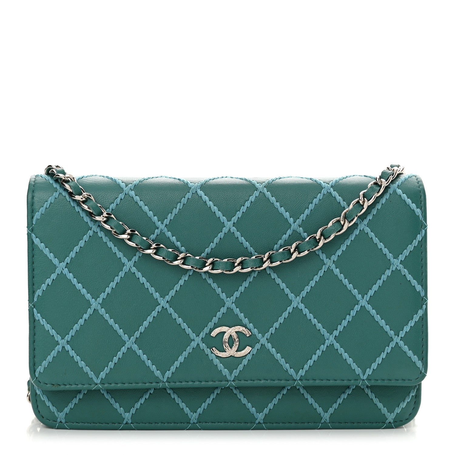 Chanel Calfskin Diamond Stitch Wallet On Chain WOC Turquoise 1 of 12