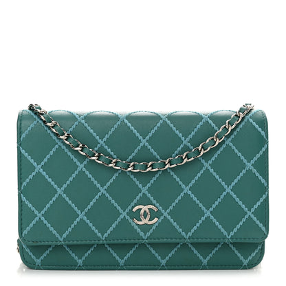 Chanel Calfskin Diamond Stitch Wallet On Chain WOC Turquoise 1 of 12