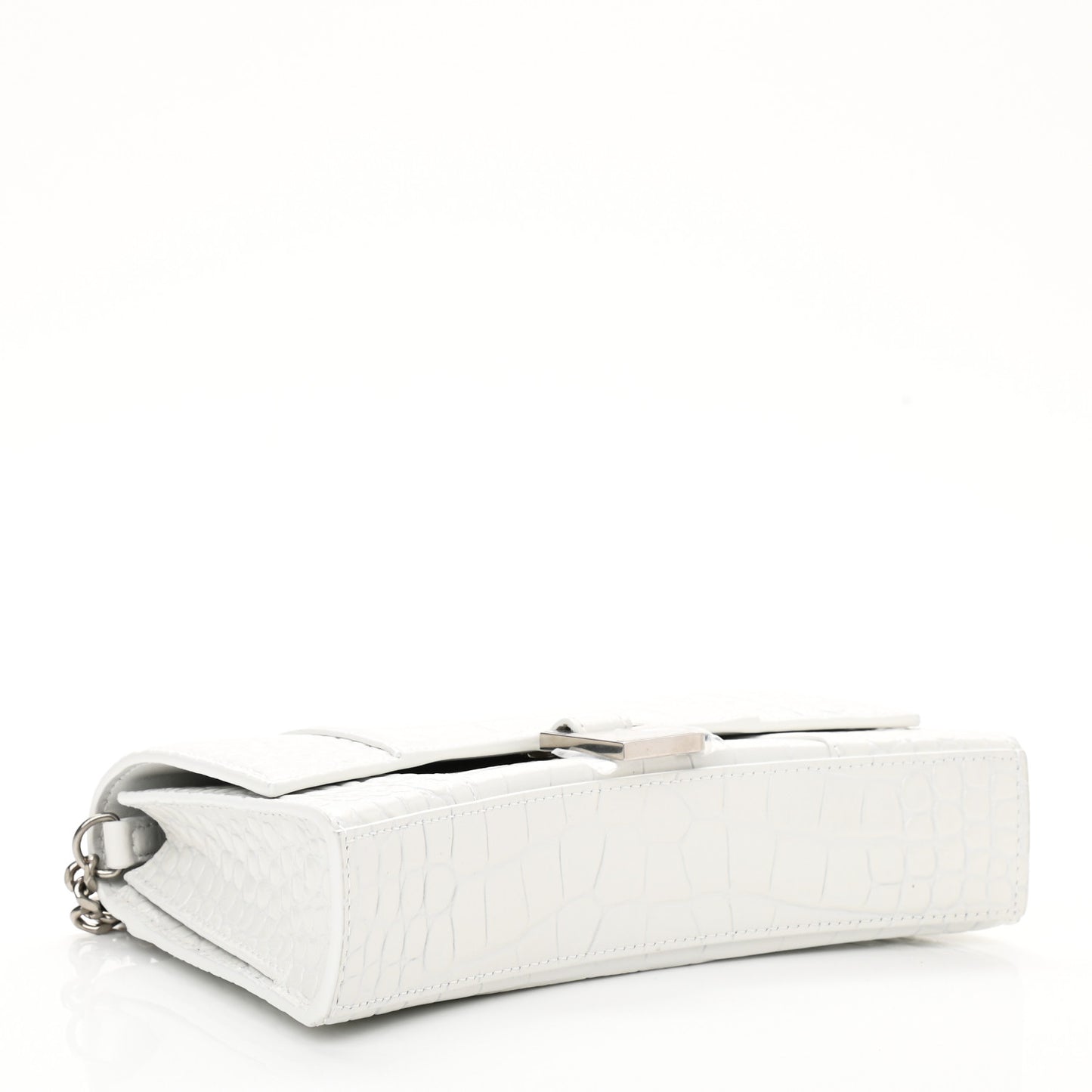 Shiny Calfskin Crocodile Embossed Small Hourglass Evening Chain Bag White