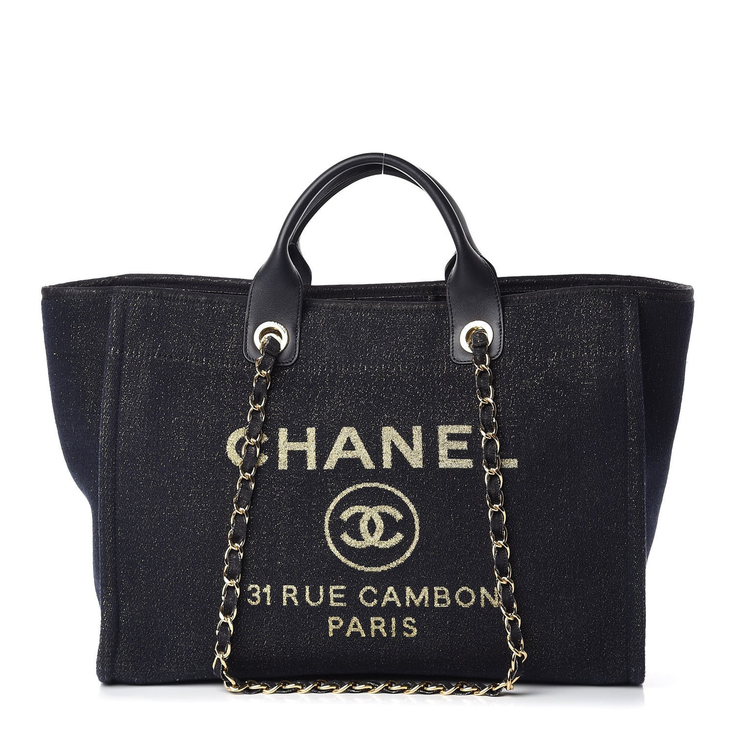 Lurex Canvas Medium Deauville Tote Navy Blue Gold