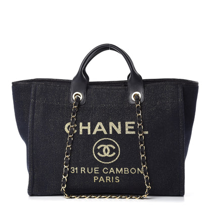 Chanel Lurex Canvas Medium Deauville Tote Navy Blue Gold 1 of 11