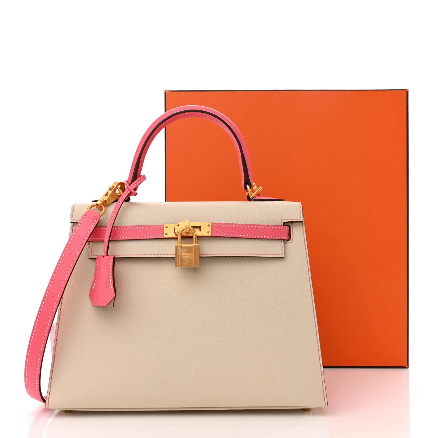 Hermes Epsom Bi-Color Horseshoe Kelly Sellier 25 Craie Rose Azalee 10 of 10