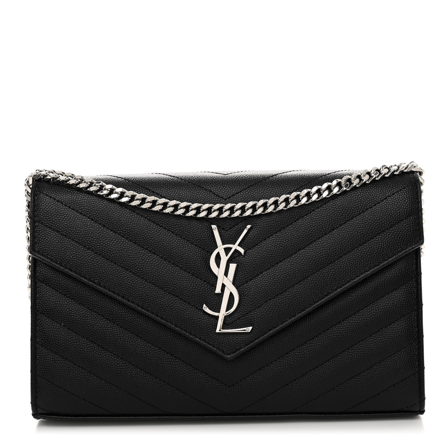 Saint Laurent Grain De Poudre Matelasse Chevron Monogram Chain Wallet Black 1 of 9