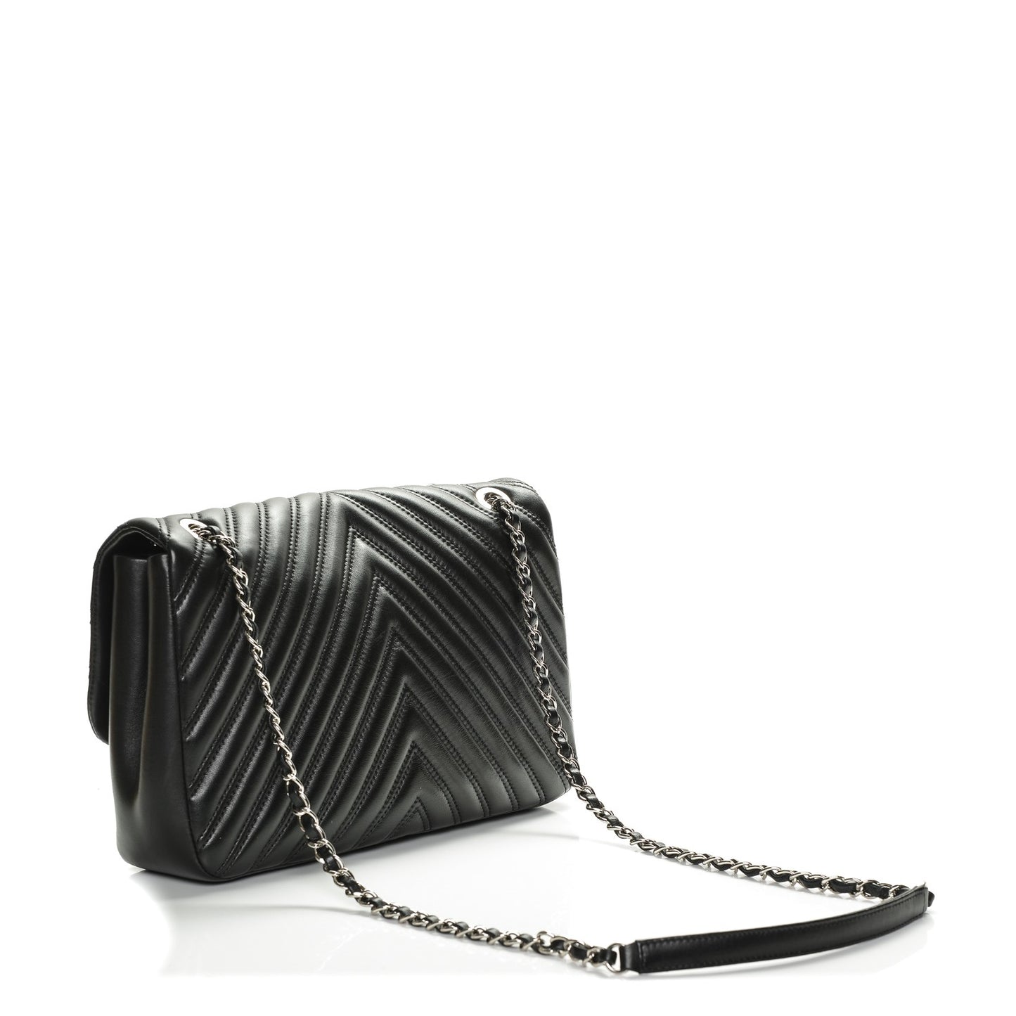 Lambskin Chevron Quilted Double Stitch Jumbo Single Flap Black