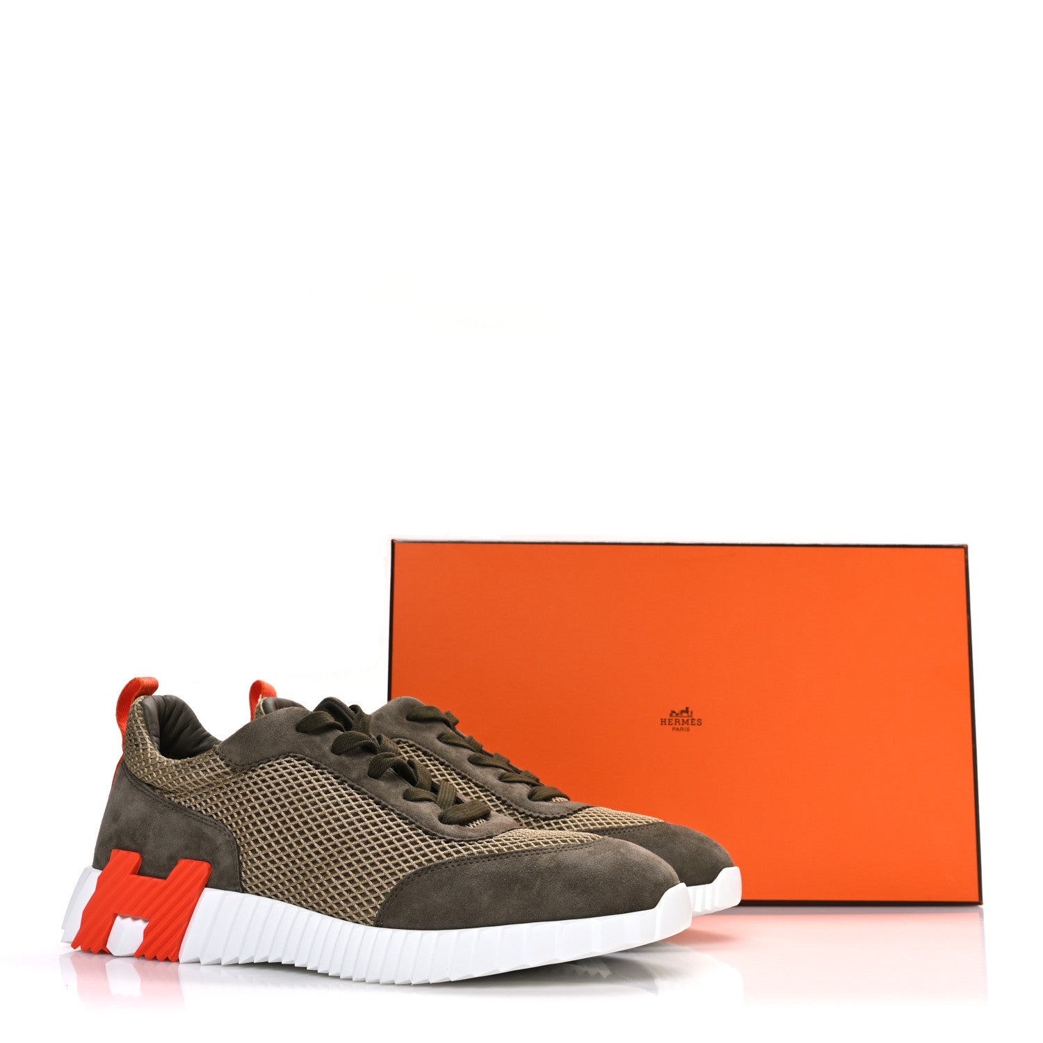 Hermes Air Mesh Suede Goatskin Mens Bouncing Sneakers 42 Vert