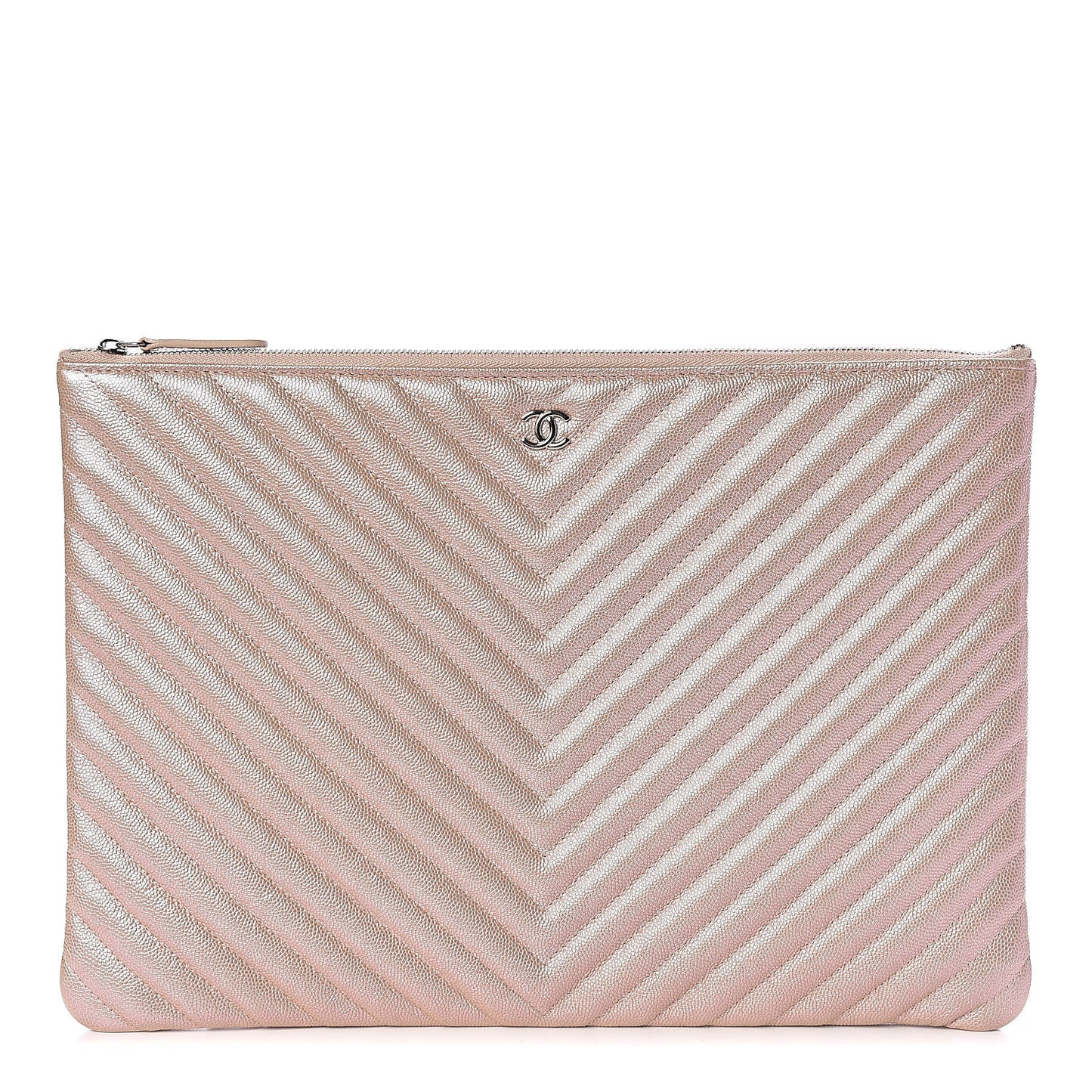 Iridescent Caviar Chevron Quilted Large Cosmetic Case Light Gold