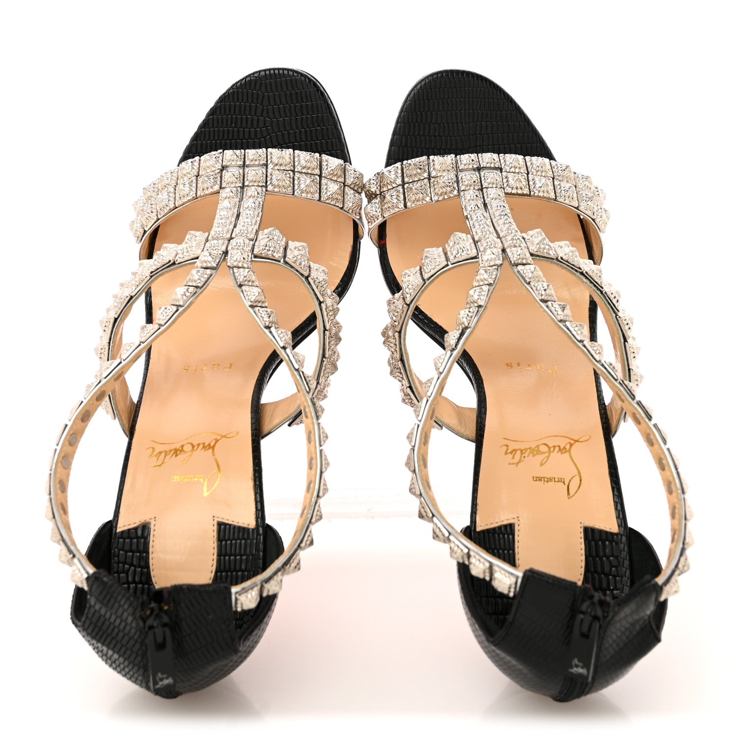 Christian Louboutin Calfskin Lizard Embossed Diwali 100 Studded Sandals 39 Black Silver 2 of 12