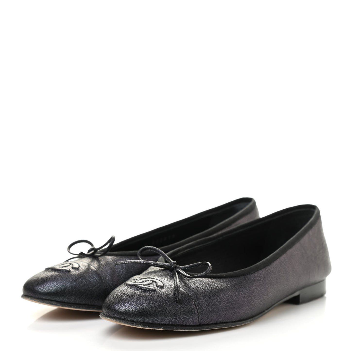 Iridescent Grained Calfskin Cap Toe Ballerina Flats 38 Black