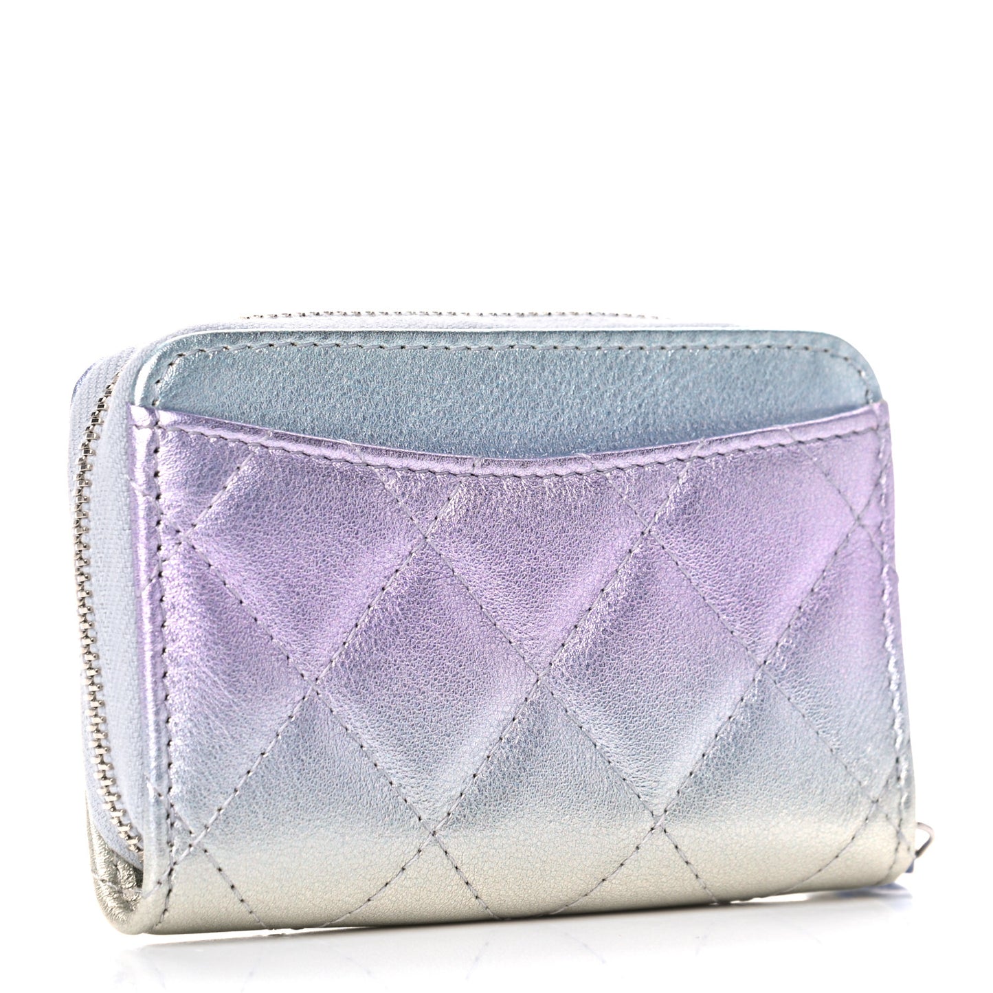 Gradient Metallic Calfskin Quilted Zip Around Coin Purse Wallet Silver Blue Yellow Purple