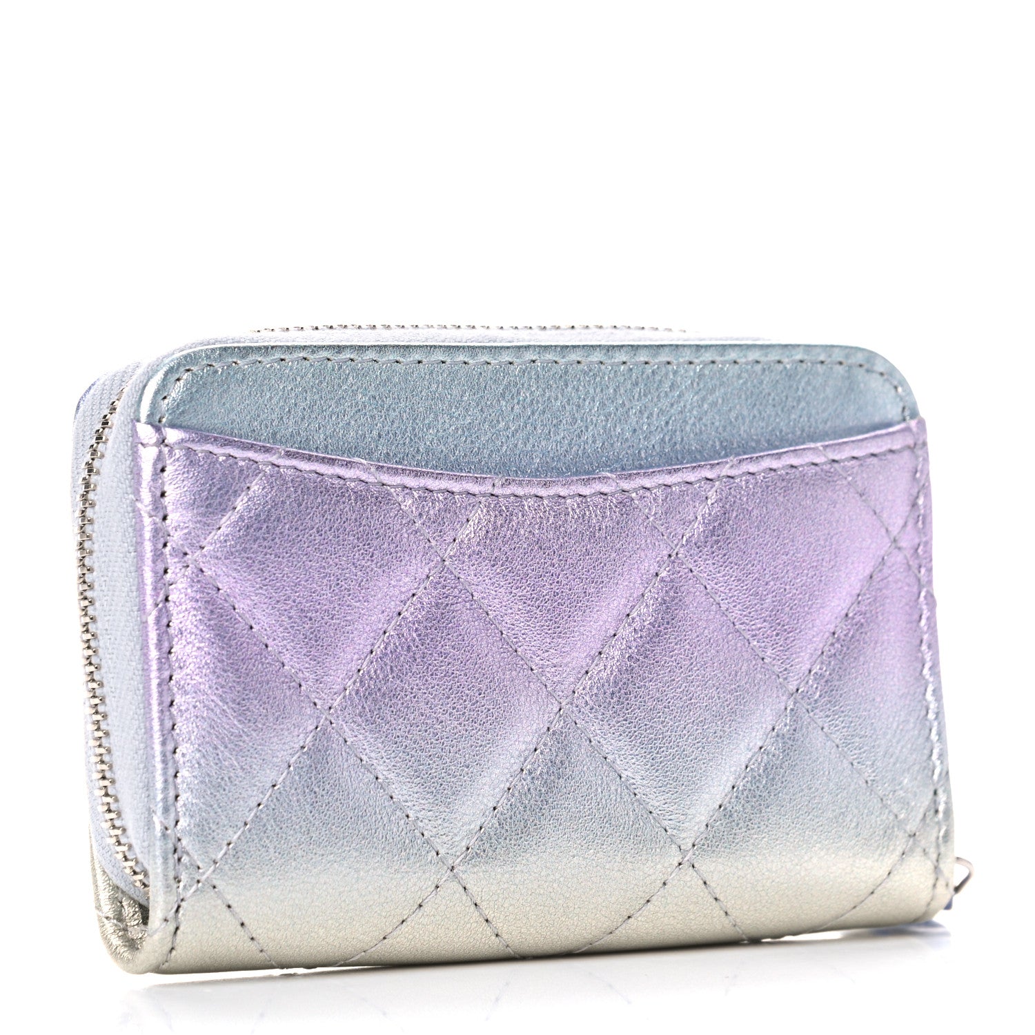 Chanel Gradient Metallic Calfskin Quilted Zip Around Coin Purse Wallet Silver Blue Yellow Purple 3 of 10