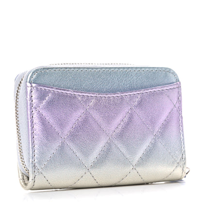Chanel Gradient Metallic Calfskin Quilted Zip Around Coin Purse Wallet Silver Blue Yellow Purple 3 of 10