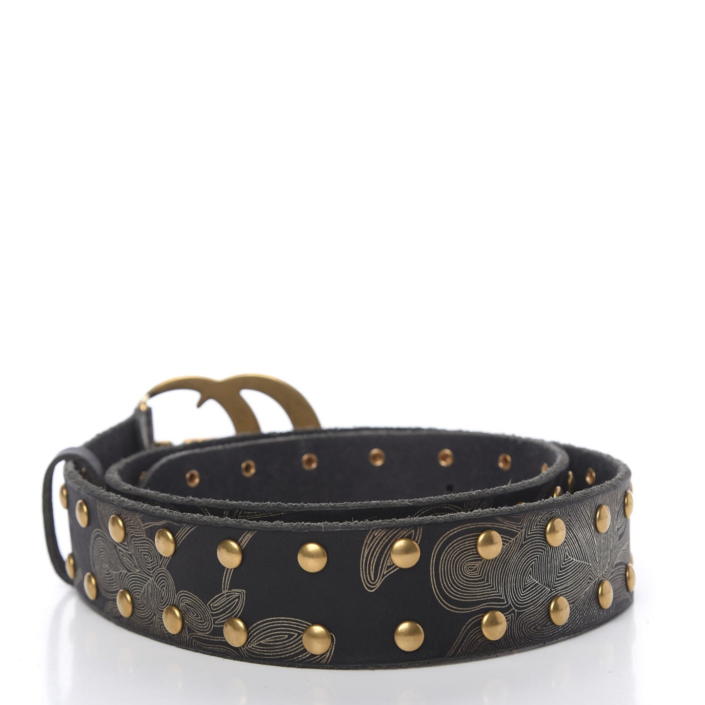 Calfskin Leaf Print Studded Double G 40mm Belt 95 38 Black Gold