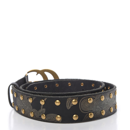Gucci Calfskin Leaf Print Studded Double G 40mm Belt 95 38 Black Gold 2 of 5