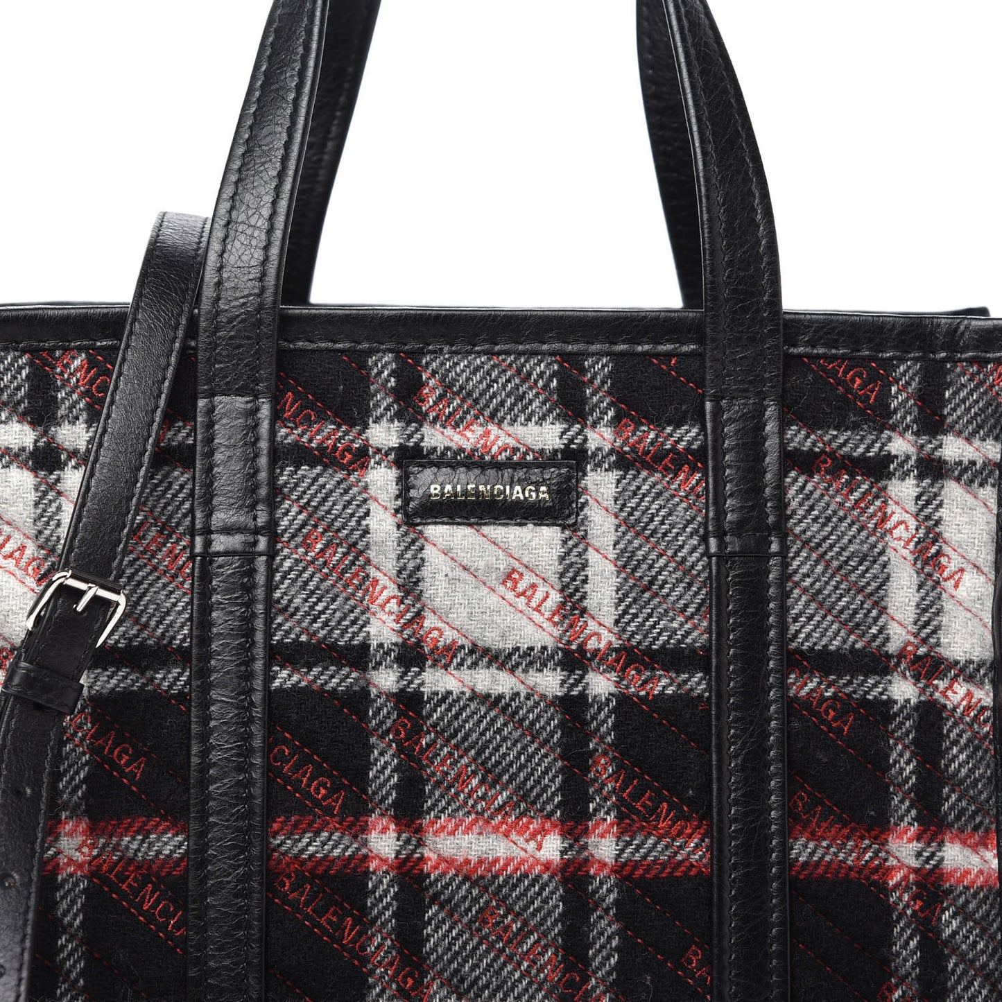 Wool Cuir Arena Plaid Diagonal Allover Logo Matelasse S Bazar Shopper Tote Black White Red