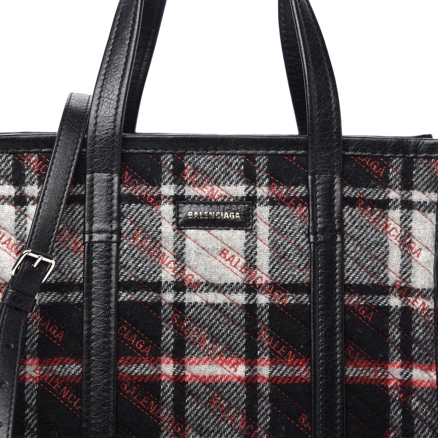Balenciaga Wool Cuir Arena Plaid Diagonal Allover Logo Matelasse S Bazar Shopper Tote Black White Red 9 of 9