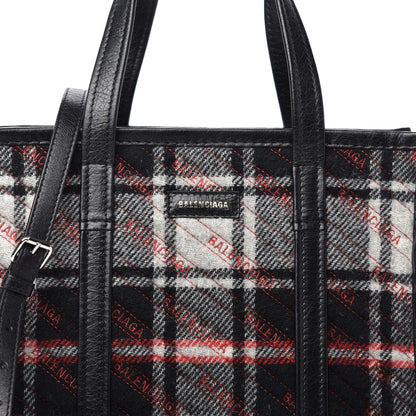 Balenciaga Wool Cuir Arena Plaid Diagonal Allover Logo Matelasse S Bazar Shopper Tote Black White Red 9 of 9