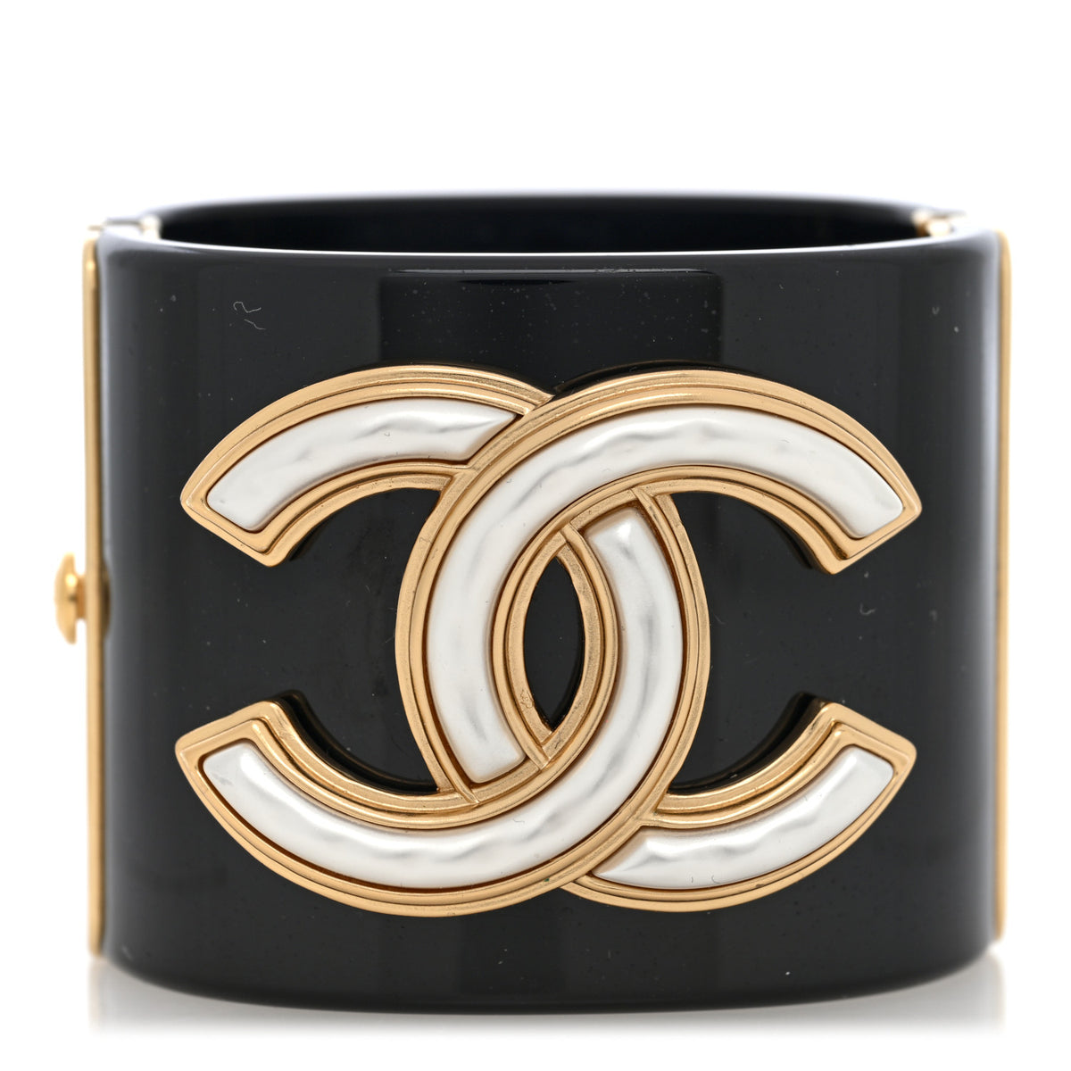 Chanel Resin Pearl Enamel Oversized CC Cuff Bracelet Black Pearly White Gold 1 of 5