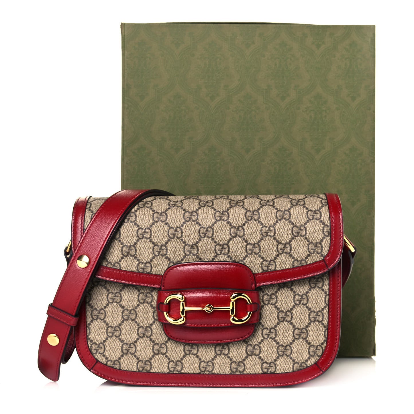 GG Supreme Monogram Azalea Calfskin Horsebit 1955 Shoulder Bag Beige Ebony New Cherry Red