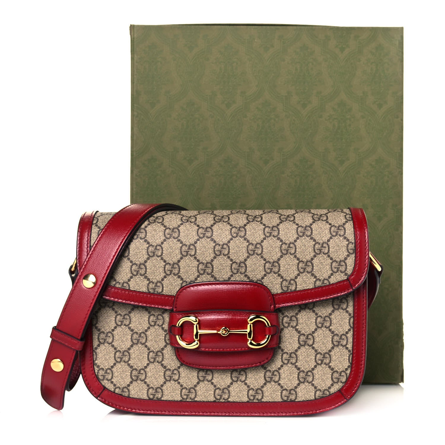 Gucci GG Supreme Monogram Azalea Calfskin Horsebit 1955 Shoulder Bag Beige Ebony New Cherry Red 14 of 14