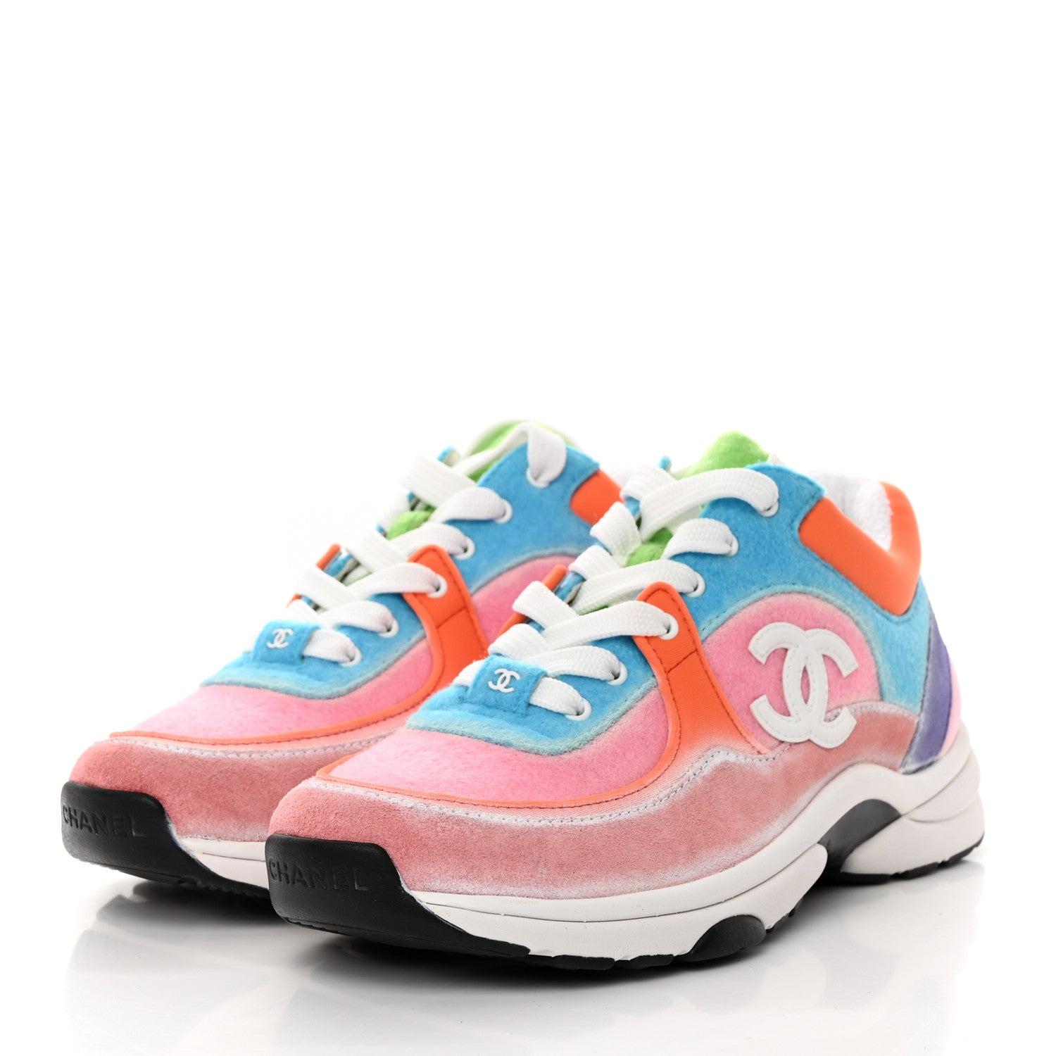 Chanel Nylon Lambskin Suede Calfskin CC Sneakers 37 Coral Light Blue White 3 of 9