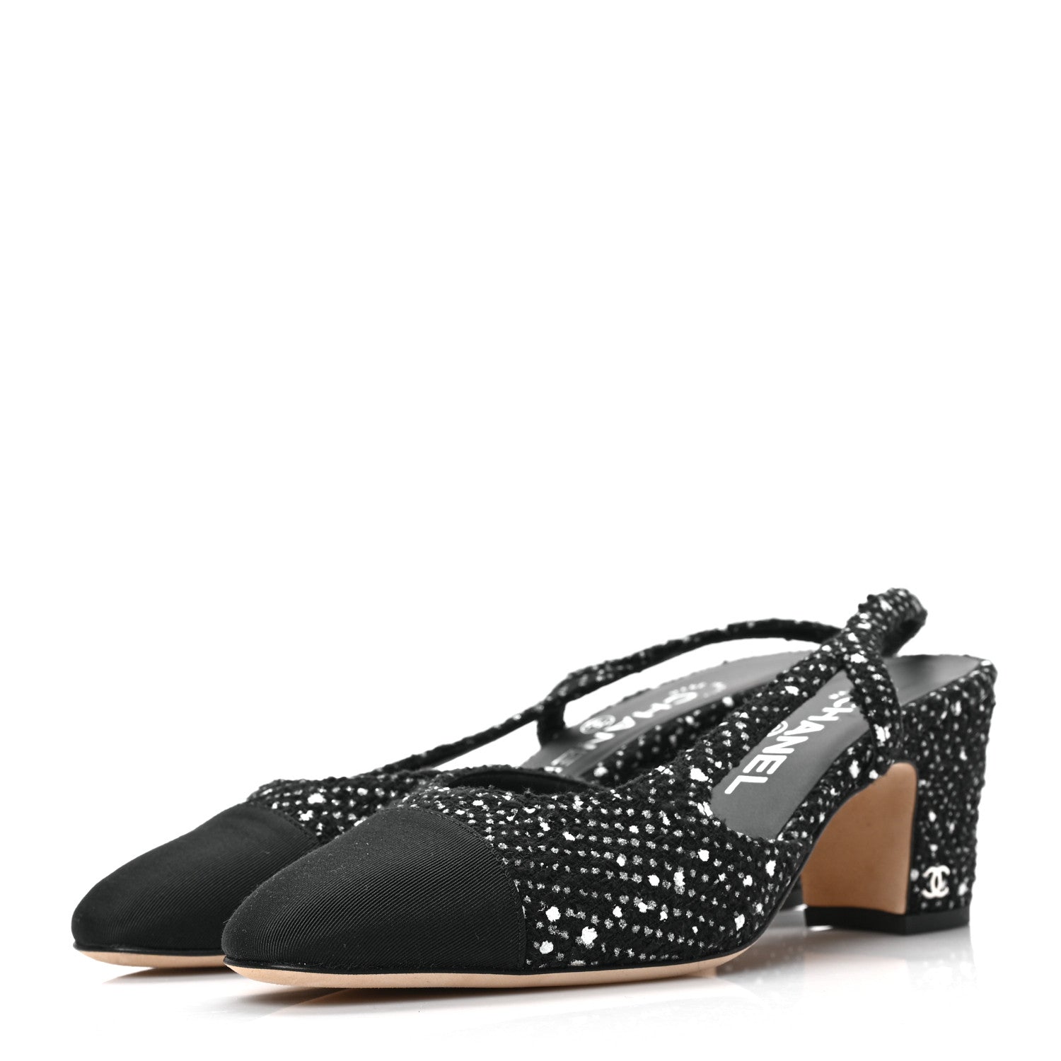 Chanel Tweed Grosgrain Cap Toe CC Slingback Pumps 36 Black White 3 of 7