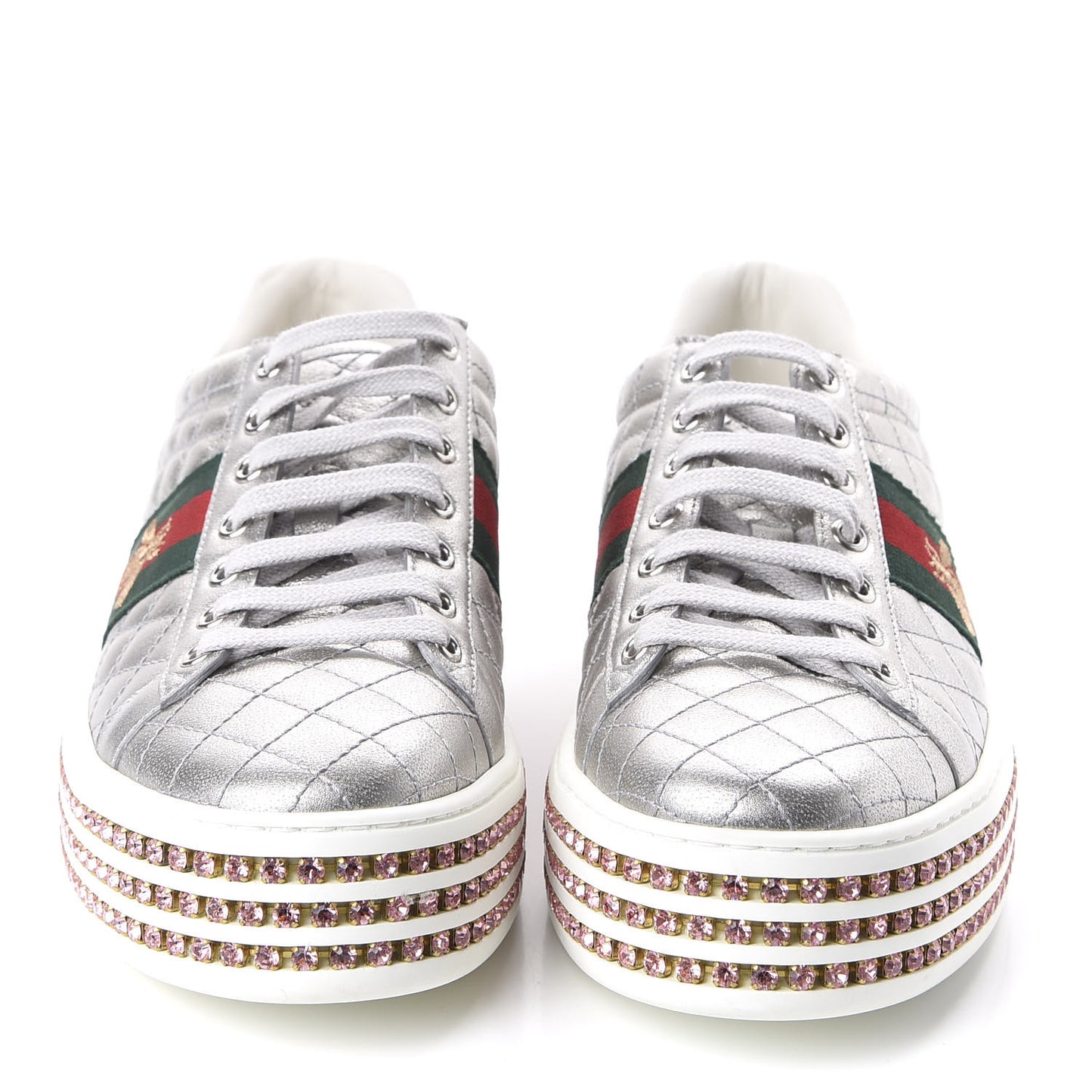 Laminated Nappa Crystal Web Bee Embroidered Trapuntata Womens Ace Platform Sneakers 38.5 Argento