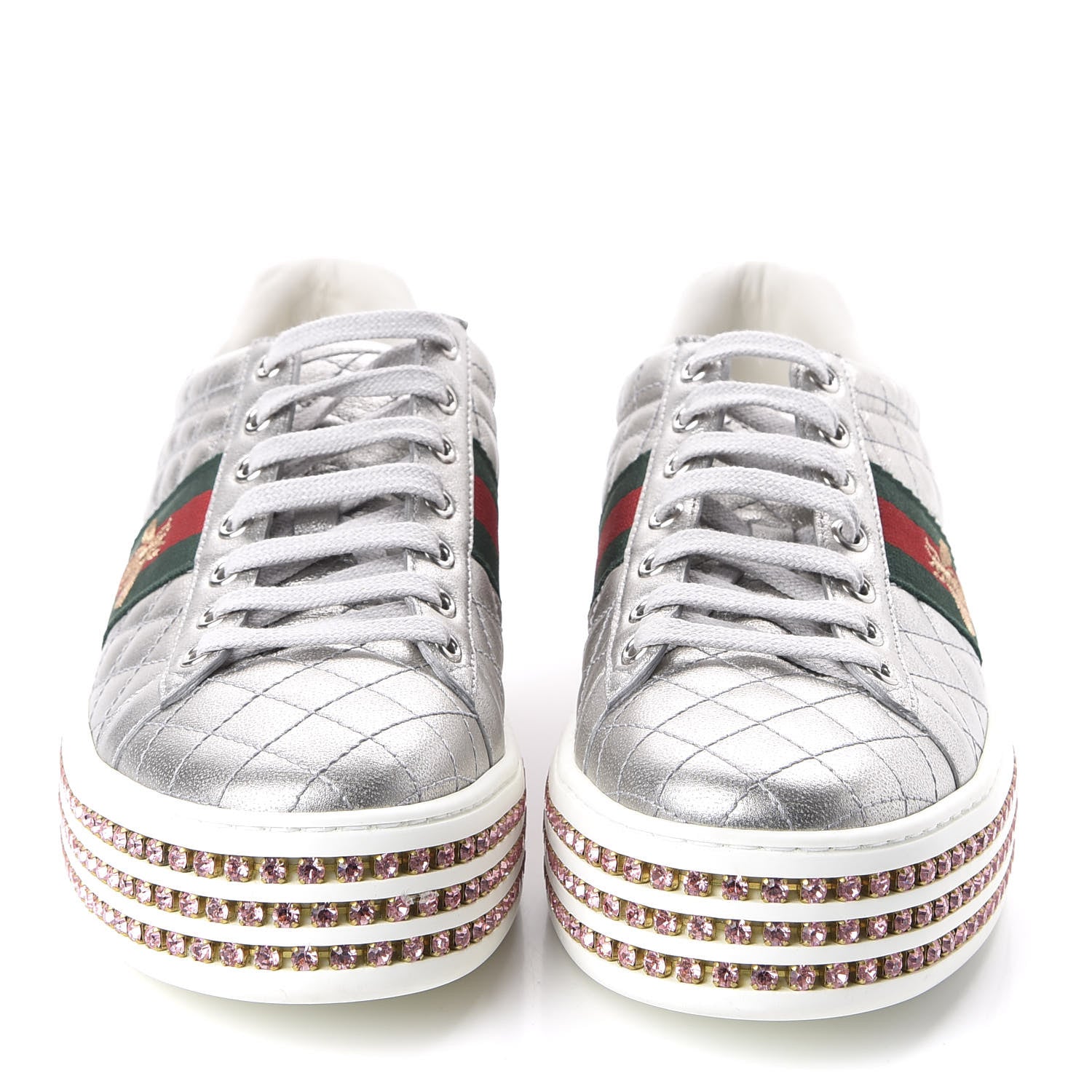 Gucci Laminated Nappa Crystal Web Bee Embroidered Trapuntata Womens Ace Platform Sneakers 38.5 Argento 2 of 7
