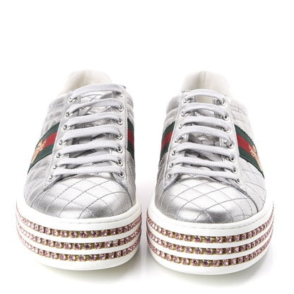 Gucci Laminated Nappa Crystal Web Bee Embroidered Trapuntata Womens Ace Platform Sneakers 38.5 Argento 2 of 7