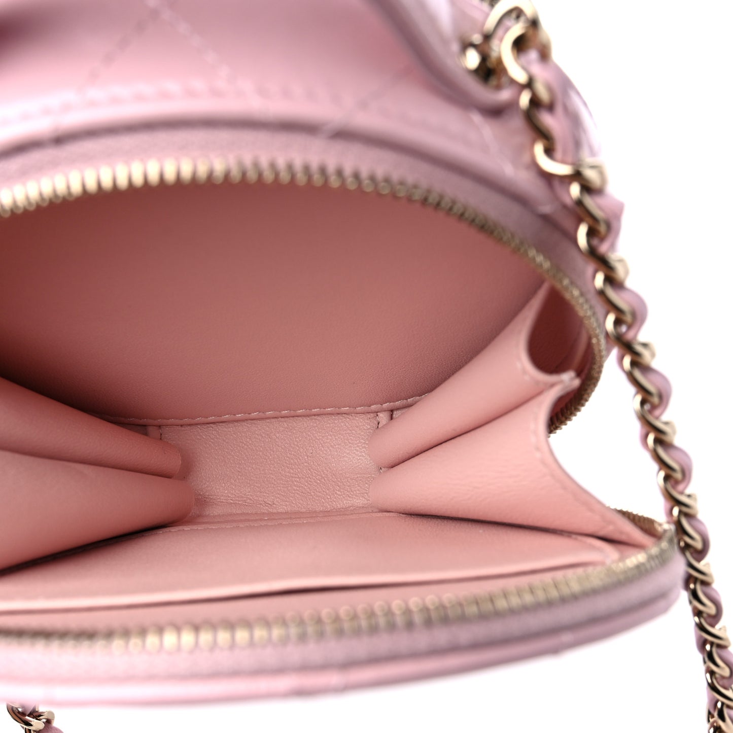 Lambskin Quilted Round Handle With Care Vanity With Chain Pink