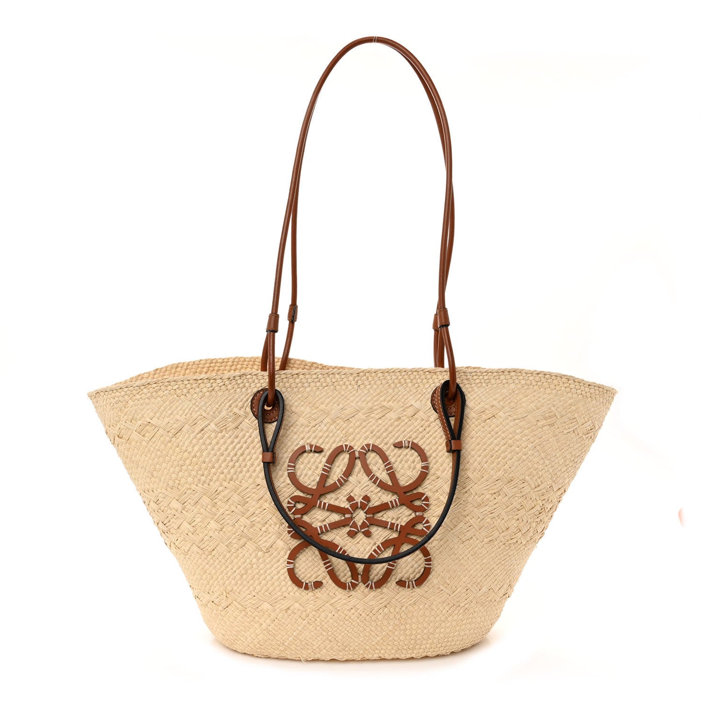 Calfskin Raffia Paulas Ibiza Medium Anagram Basket Tote Bag Natural Tan